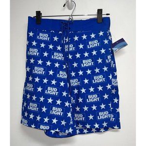 Bud Light Mens Board Shorts Swim Trunks Size S 28 30 BLue White Logo Stars NEW